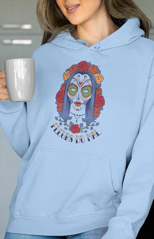 Womens Hooded SweatShirt Fleurs - Baby Blue / XS